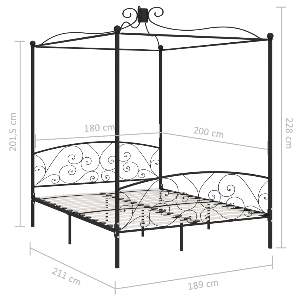 vidaXL Canopy Bed Frame without Mattress Black Metal 180x200 cm Super King