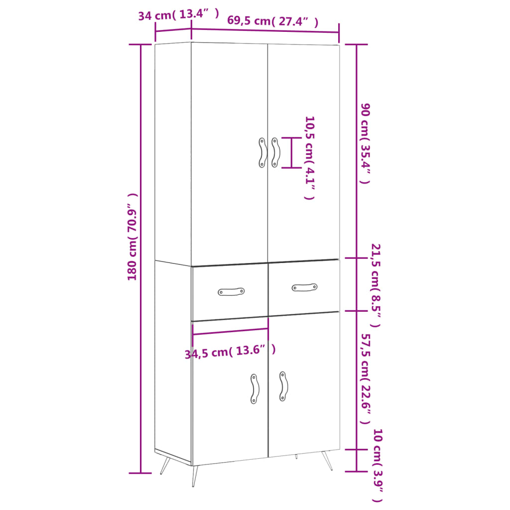 vidaXL Highboard Concrete Grey 69.5x34x180 cm Engineered Wood