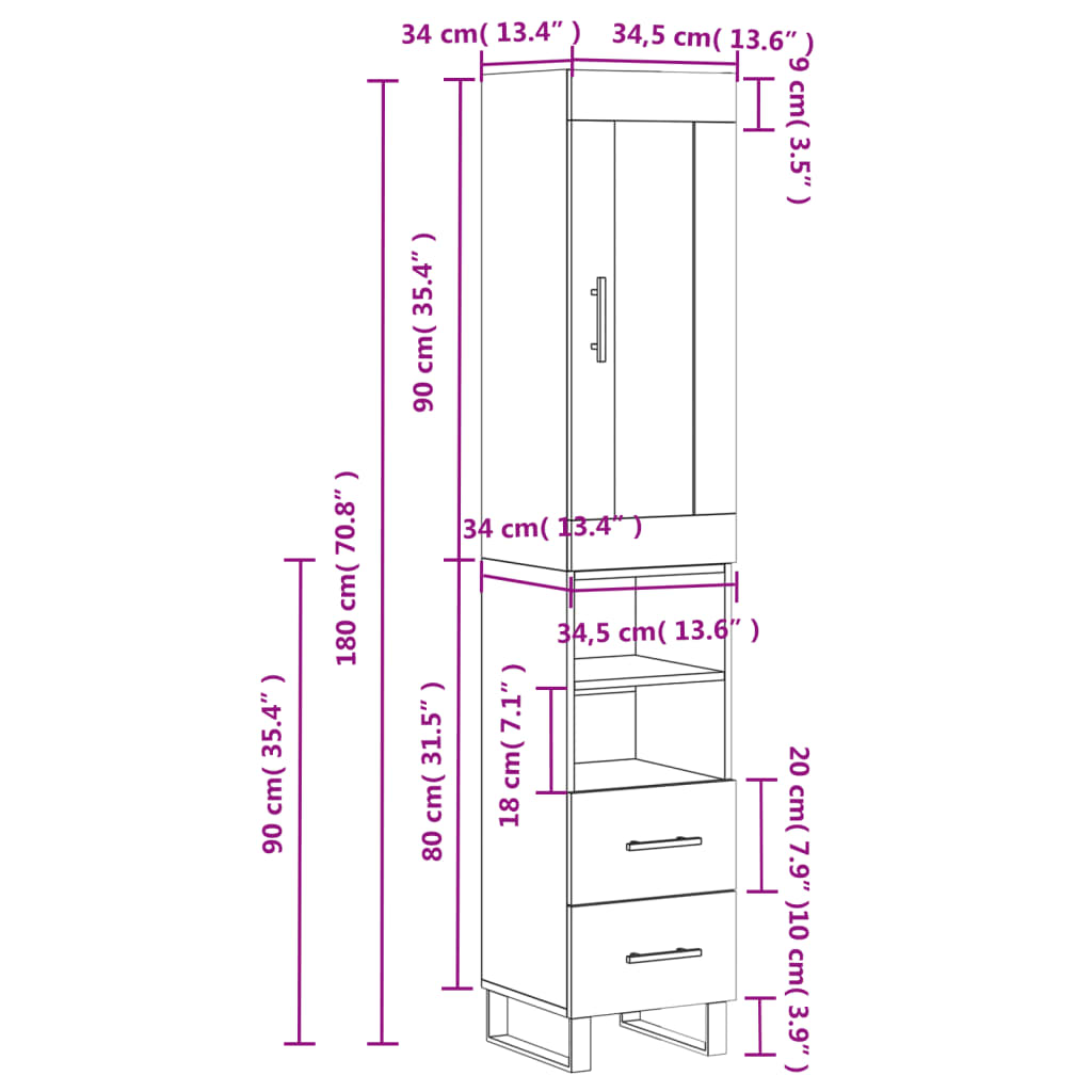 vidaXL Highboard Grey Sonoma 34.5x34x180 cm Engineered Wood