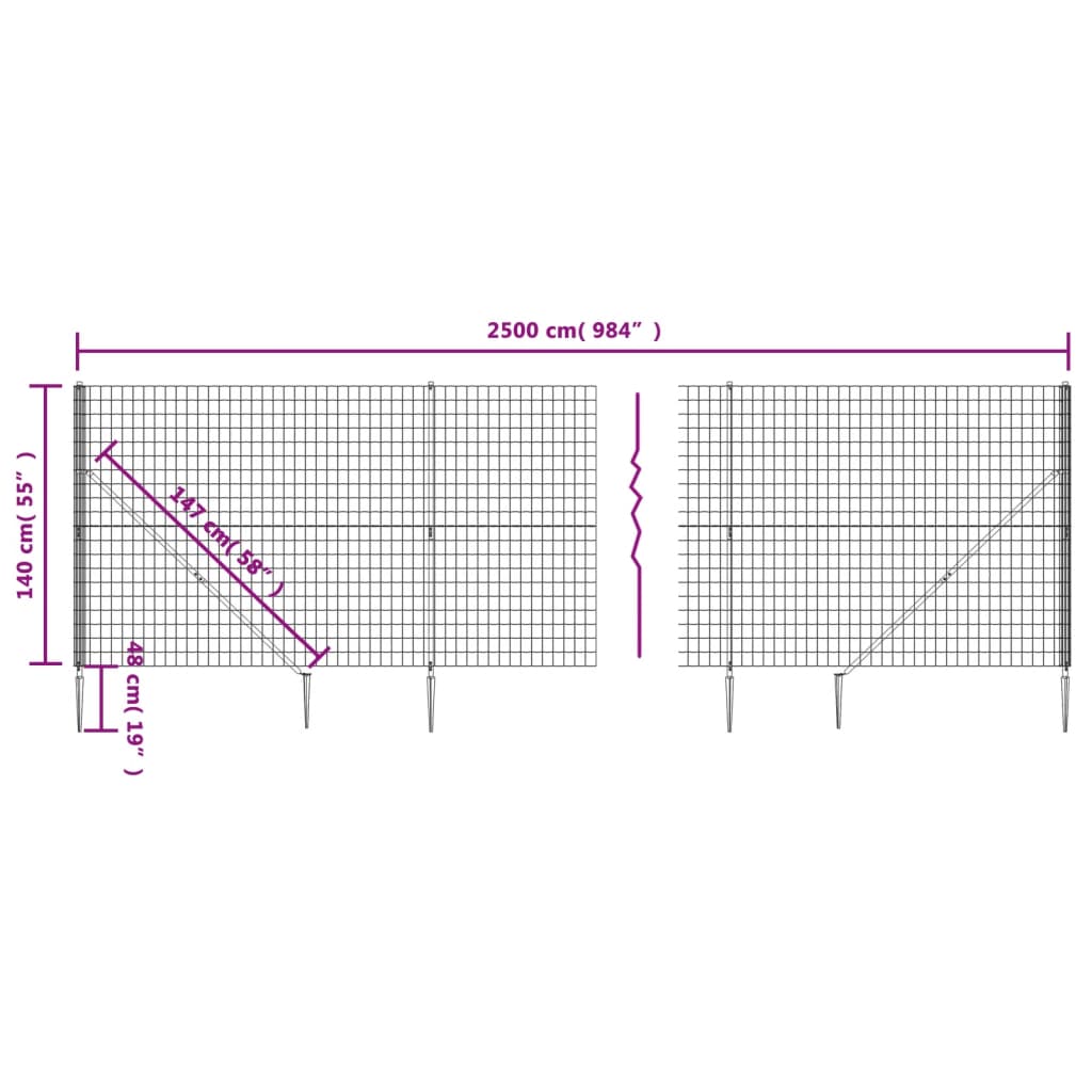 vidaXL Wire Mesh Fence with Spike Anchors Anthracite 1.4x25 m