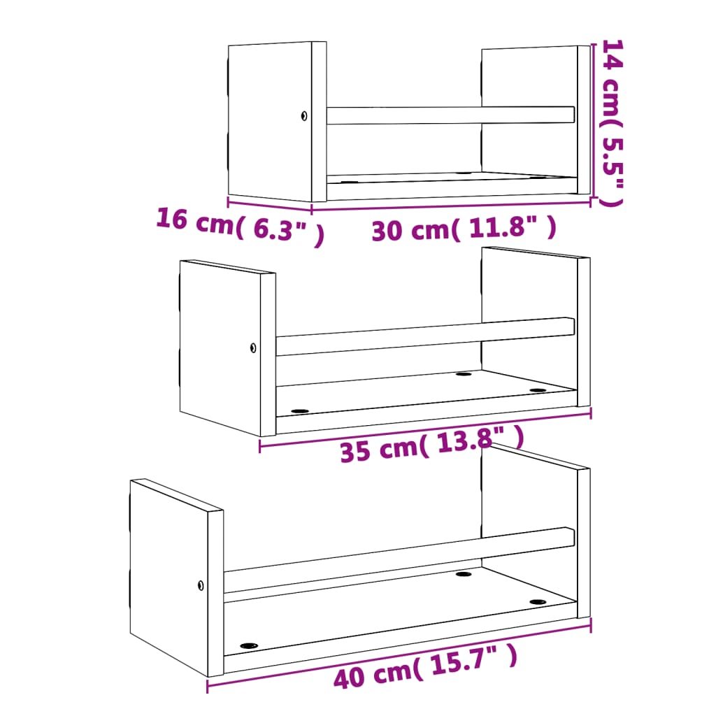 vidaXL 3 Piece Wall Shelf Set with Bars Grey Sonoma Engineered wood