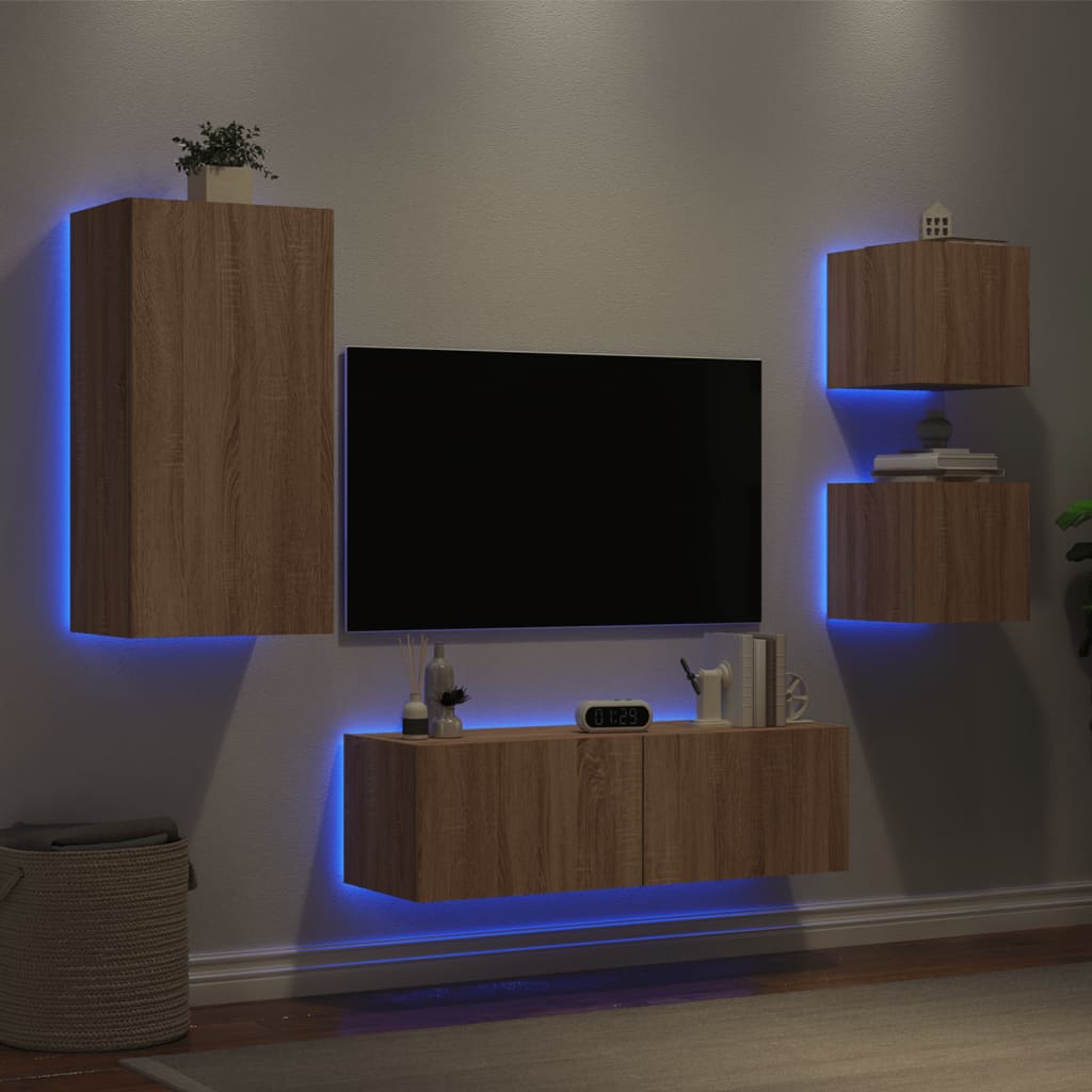 vidaXL 4 Piece TV Wall Cabinets with LED Lights Sonoma Oak