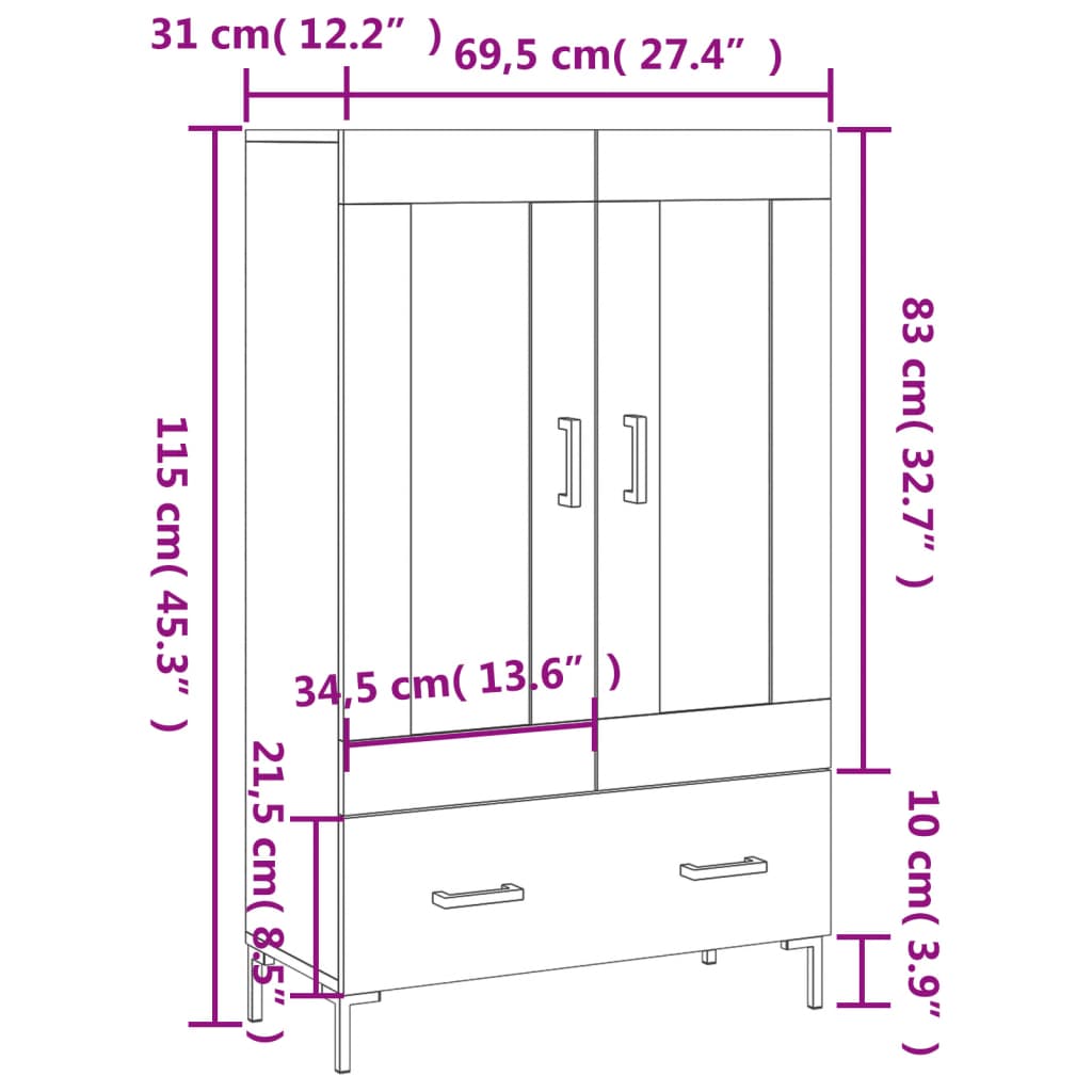 vidaXL Highboard High Gloss White 69.5x31x115 cm Engineered Wood