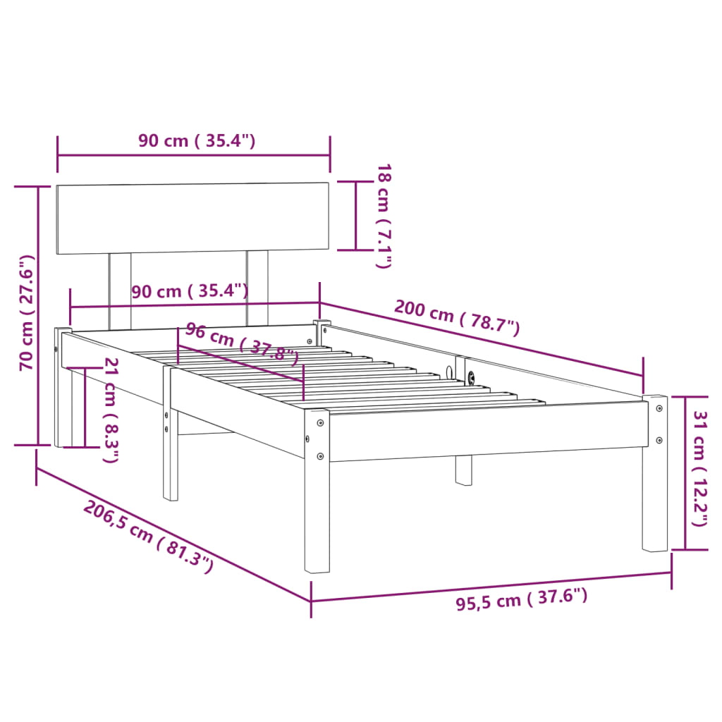 vidaXL Bed Frame without Mattress Honey Brown Solid Wood 90x200 cm