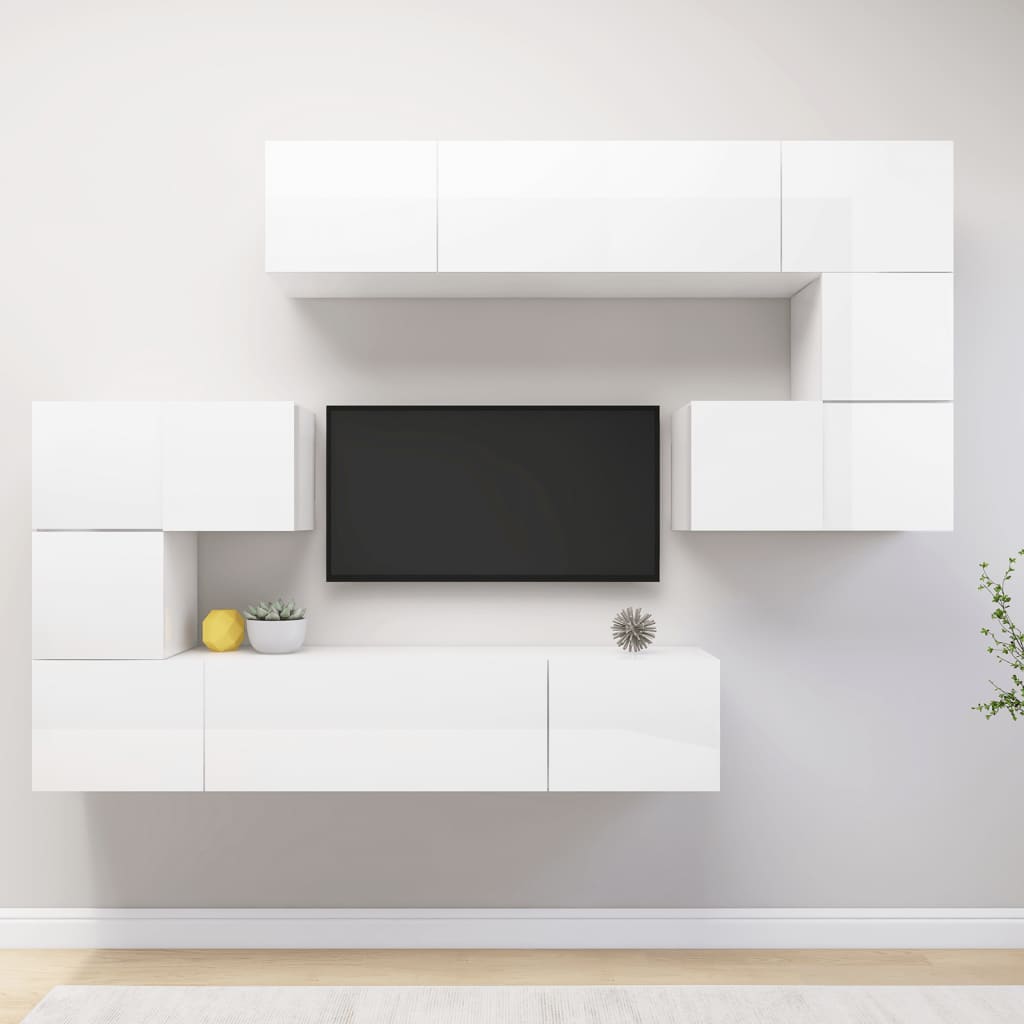 vidaXL 8 Piece TV Cabinet Set High Gloss White Engineered Wood