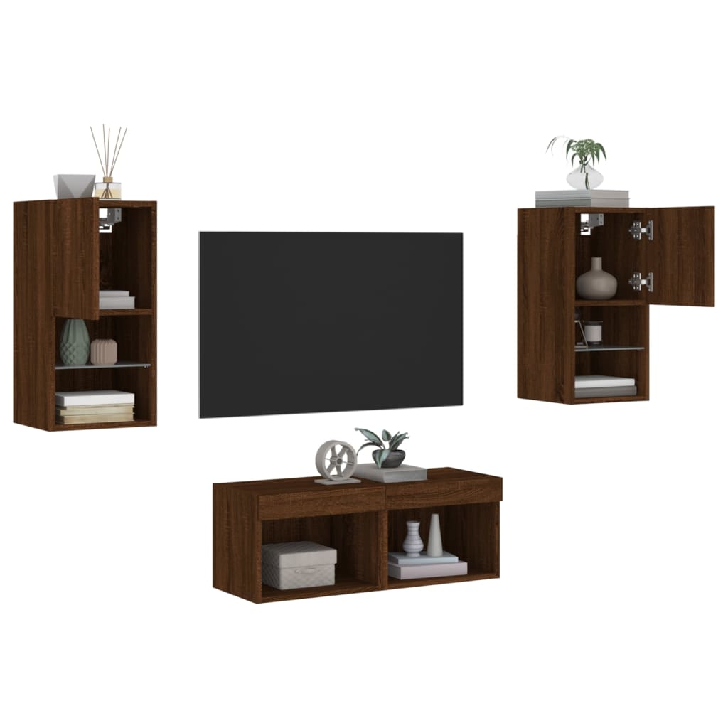 vidaXL 4 Piece TV Wall Cabinets with LED Lights Brown Oak