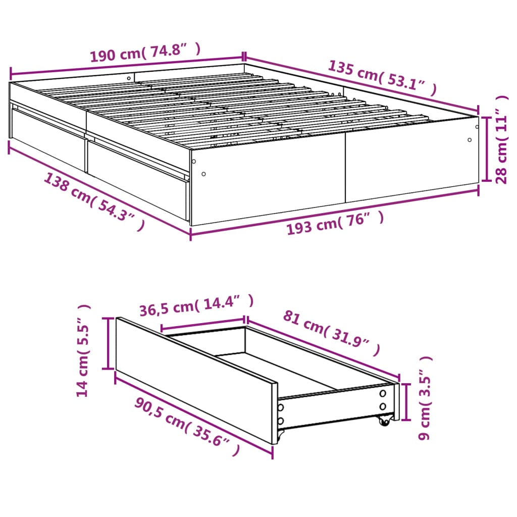 vidaXL Bed Frame with Drawers without Mattress White 135x190 cm Double