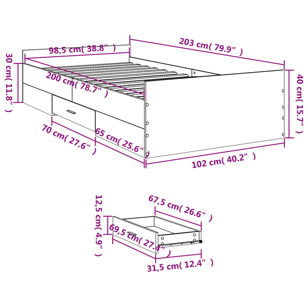 vidaXL Bed Frame with Drawers without Mattress Sonoma Oak 100x200 cm