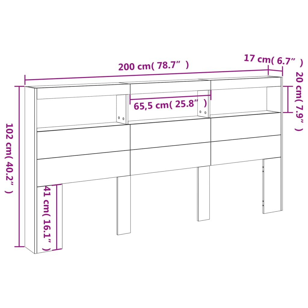 vidaXL Headboard Cabinet with LED Grey Sonoma 200x17x102 cm