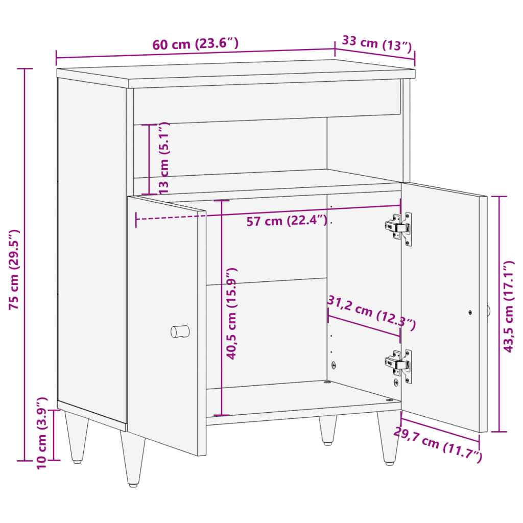 vidaXL Side Cabinet 60x33x75 cm Solid Wood Mango