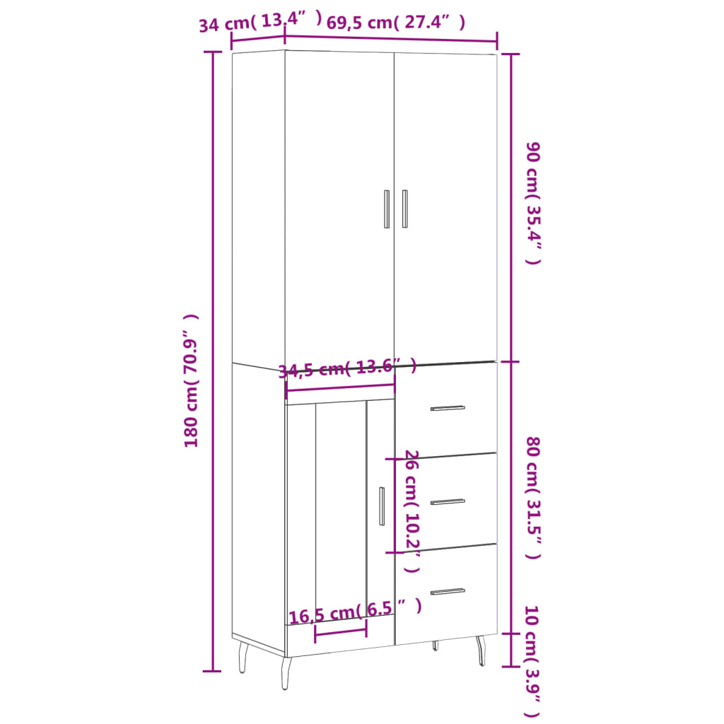 vidaXL Highboard Smoked Oak 69.5x34x180 cm Engineered Wood