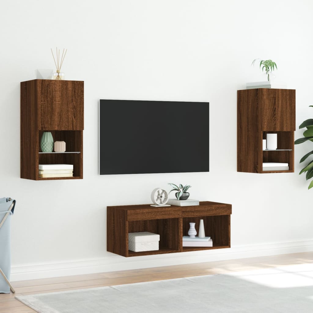 vidaXL 4 Piece TV Wall Cabinets with LED Lights Brown Oak