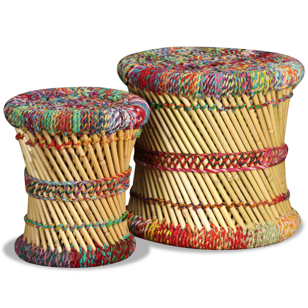 vidaXL Stools with Chindi Details 2 pcs Multicolour Bamboo