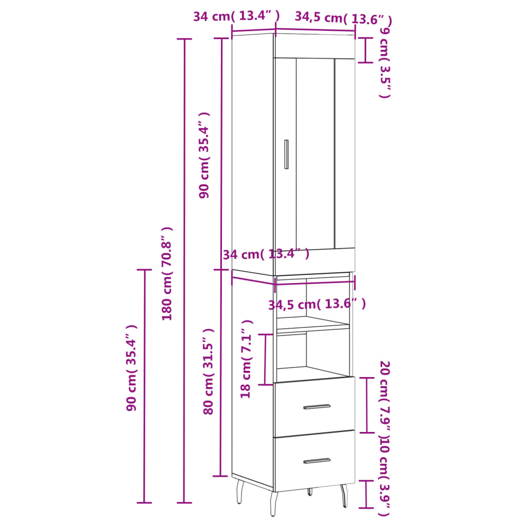 vidaXL Highboard Brown Oak 34.5x34x180 cm Engineered Wood