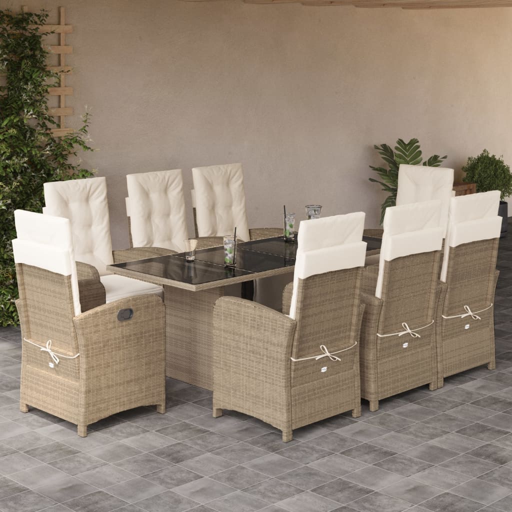 vidaXL 9 Piece Garden Dining Set with Cushions Beige Poly Rattan