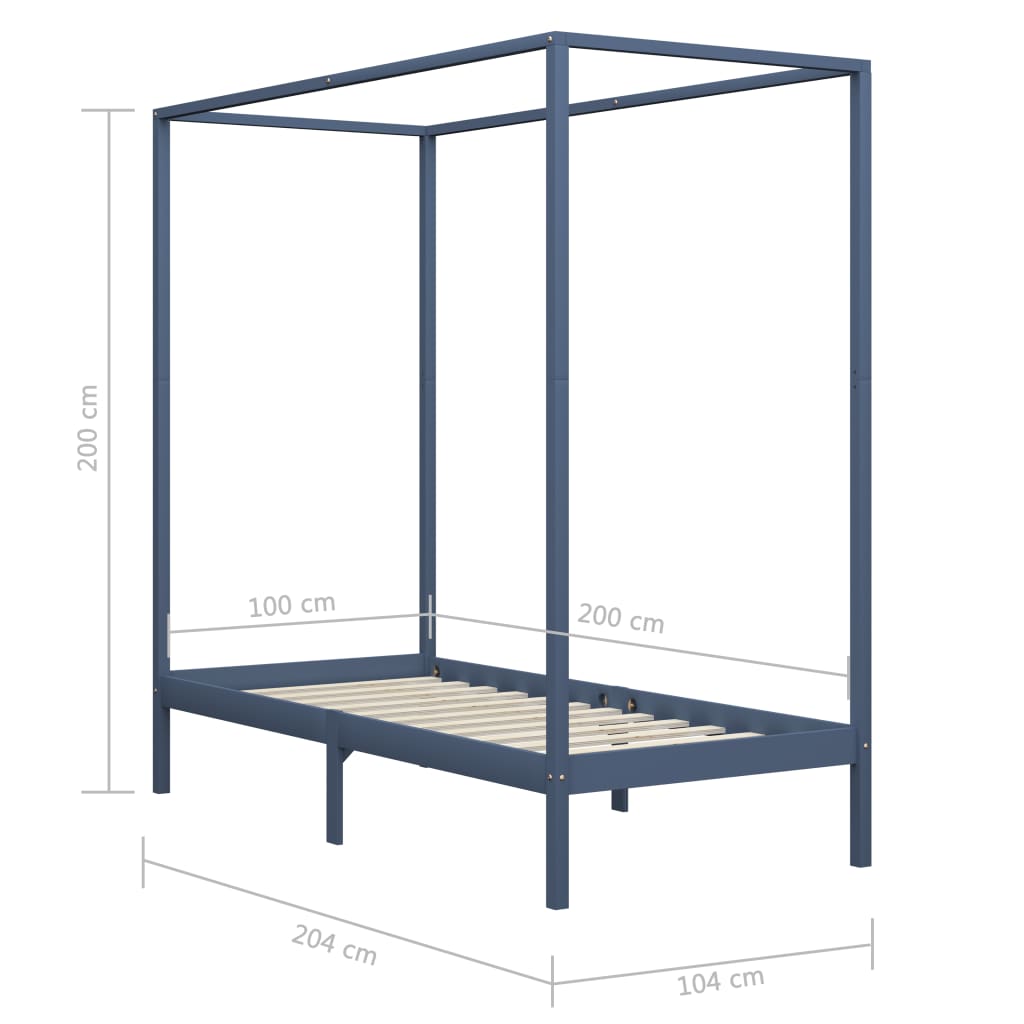 vidaXL Canopy Bed Frame without Mattress Grey Solid Wood 100x200 cm