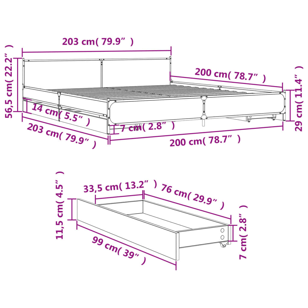 vidaXL Bed Frame with Drawers without Mattress Grey Sonoma 200x200 cm