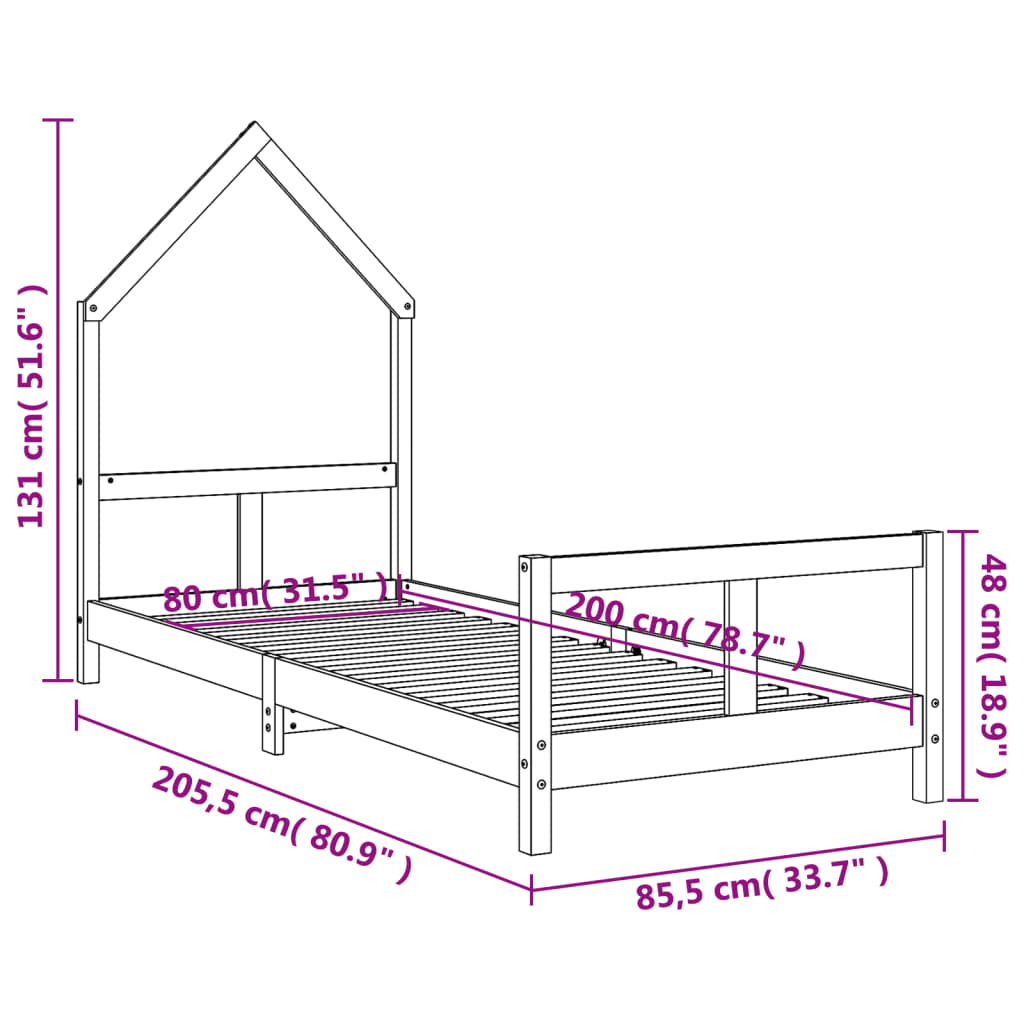 vidaXL Kids Bed Frame Black 80x200 cm Solid Wood Pine