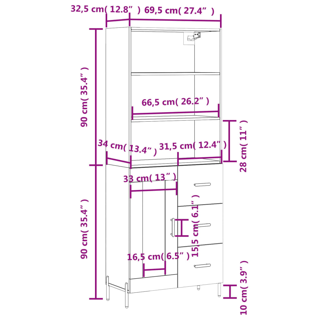 vidaXL Highboard White 69.5x34x180 cm Engineered Wood