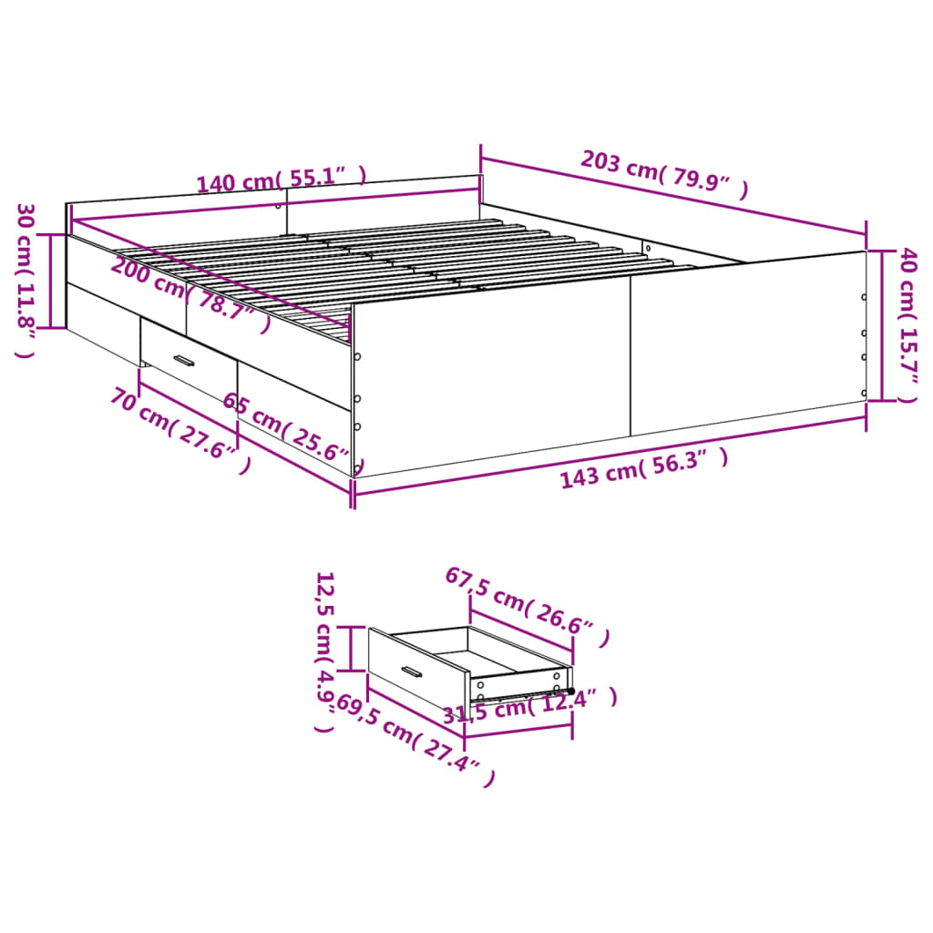 vidaXL Bed Frame with Drawers without Mattress Concrete Grey 140x200 cm