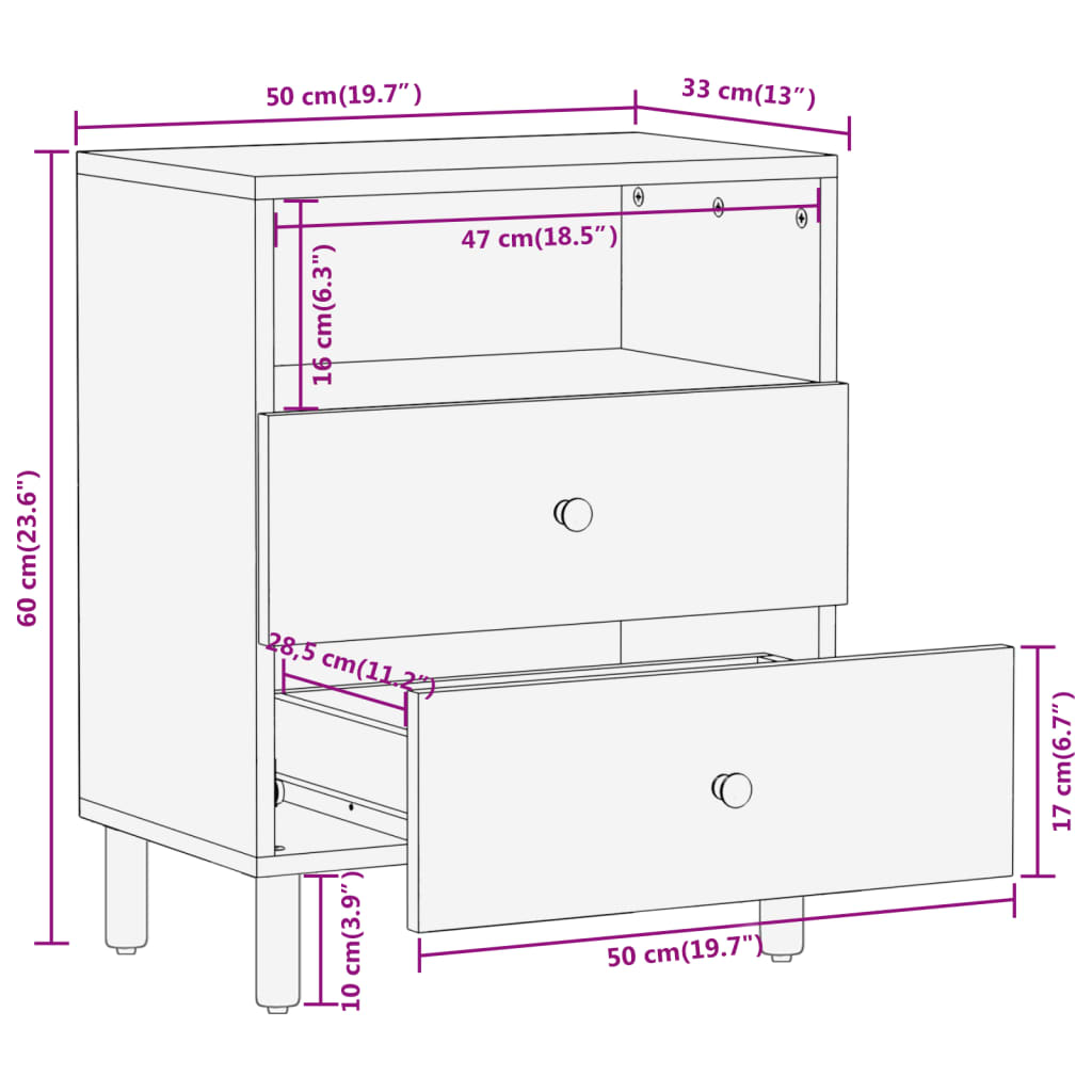 vidaXL Bedside Cabinet 50x33x60 cm Solid Wood Mango