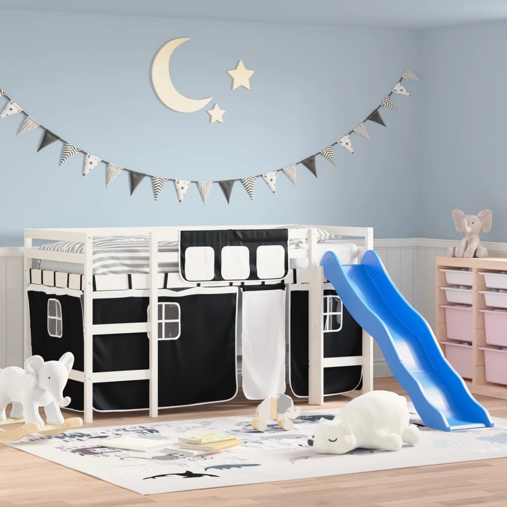 vidaXL Kids' Loft Bed with Curtains without Mattress White&Black 80x200 cm