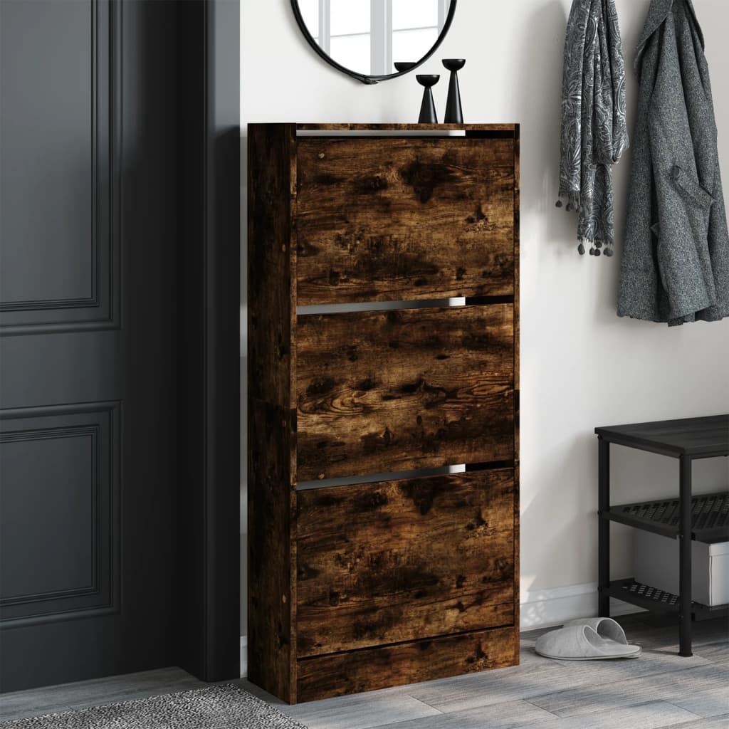 vidaXL Shoe Cabinet Smoked Oak 60x21x125.5 cm Engineered Wood