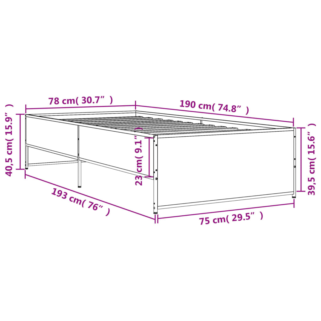 vidaXL Bed Frame without Mattress Smoked Oak 75x190 cm Small Single