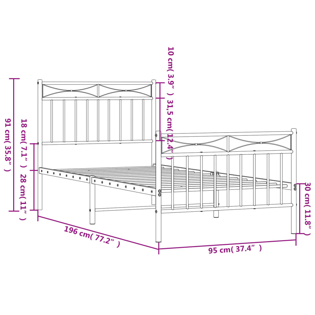 vidaXL Metal Bed Frame without Mattress with Footboard Black 90x190 cm Single