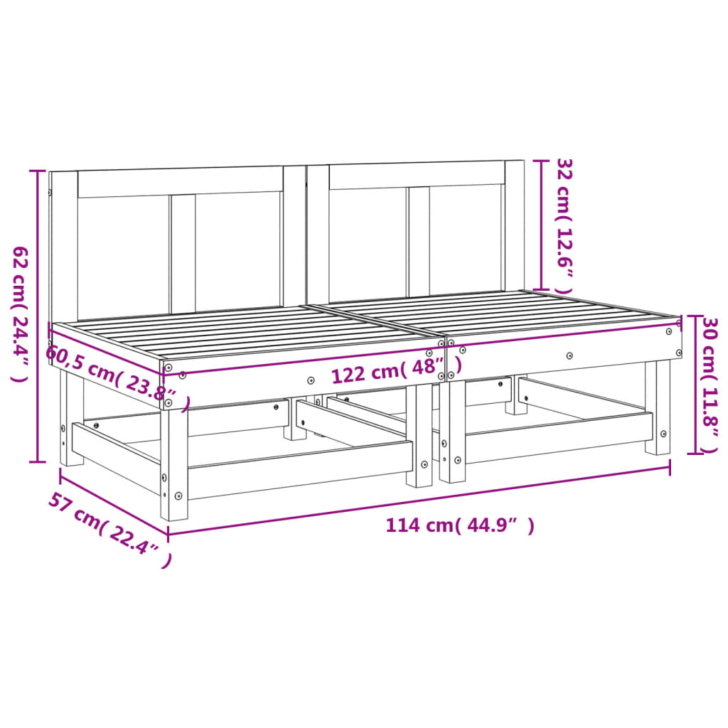 vidaXL Garden Middle Sofas 2 pcs White Solid Wood Pine