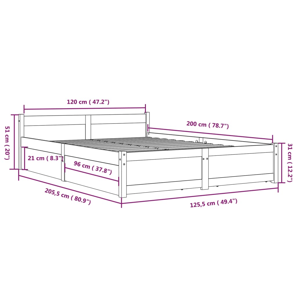 vidaXL Bed Frame without Mattress with Drawers 120x200 cm