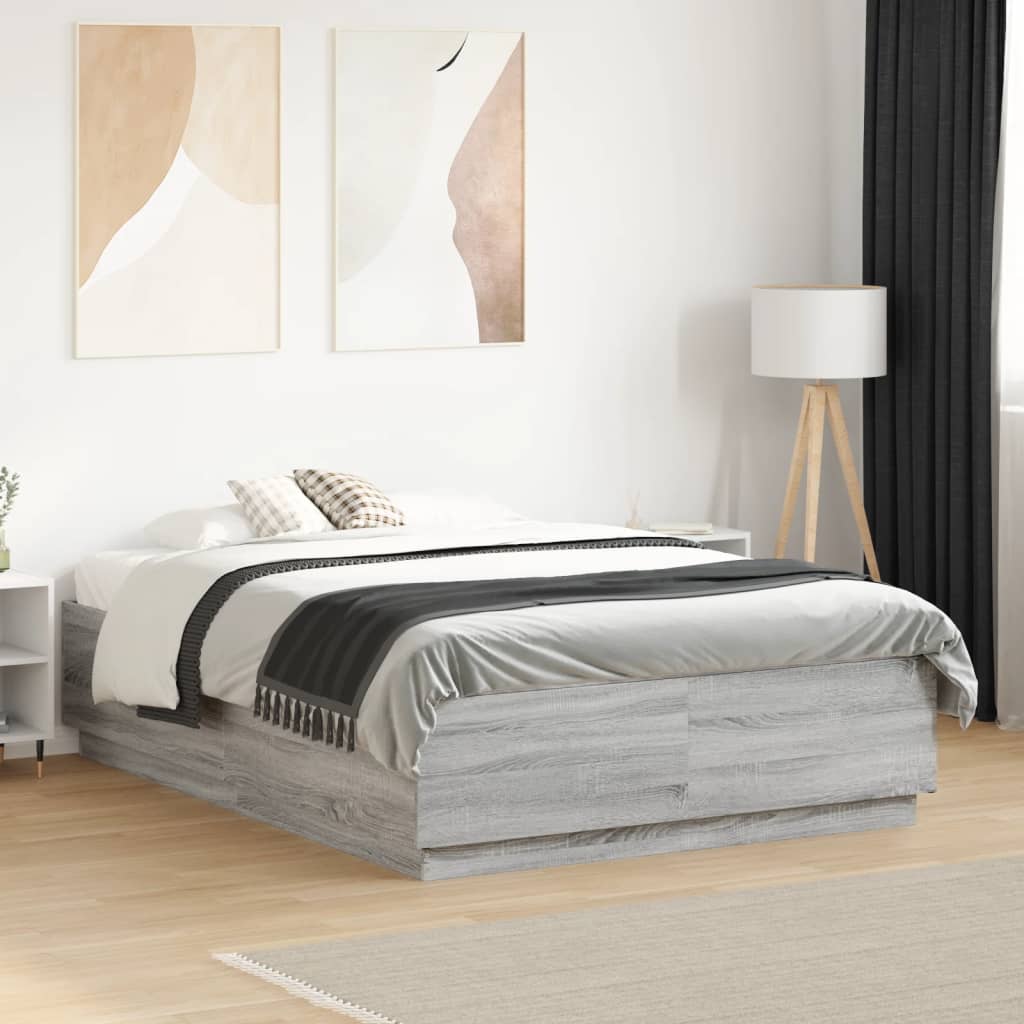 vidaXL Bed Frame with LED without Mattress Grey Sonoma 135x190 cm Double