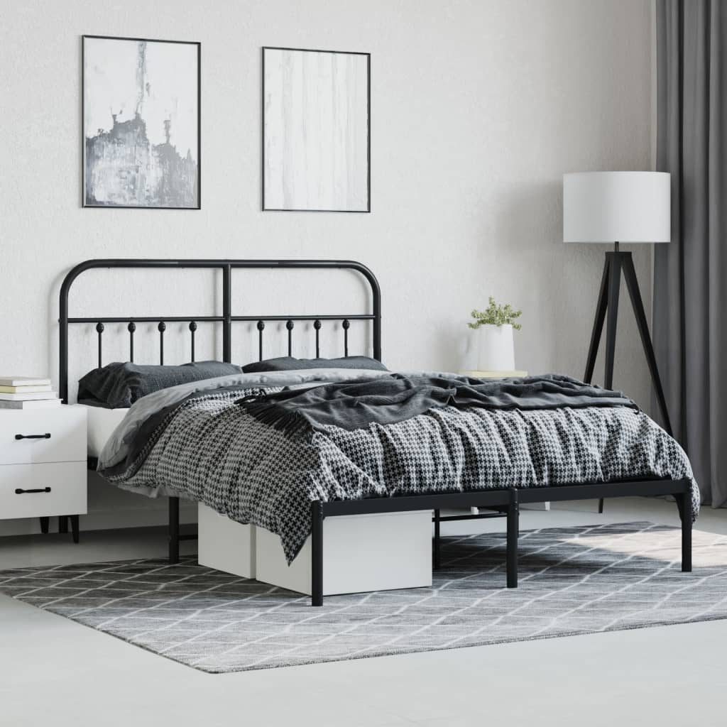 vidaXL Metal Bed Frame without Mattress with Headboard Black 135x190 cm Double