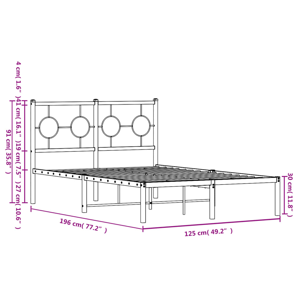 vidaXL Metal Bed Frame without Mattress with Headboard Black 120x190 cm Small Double