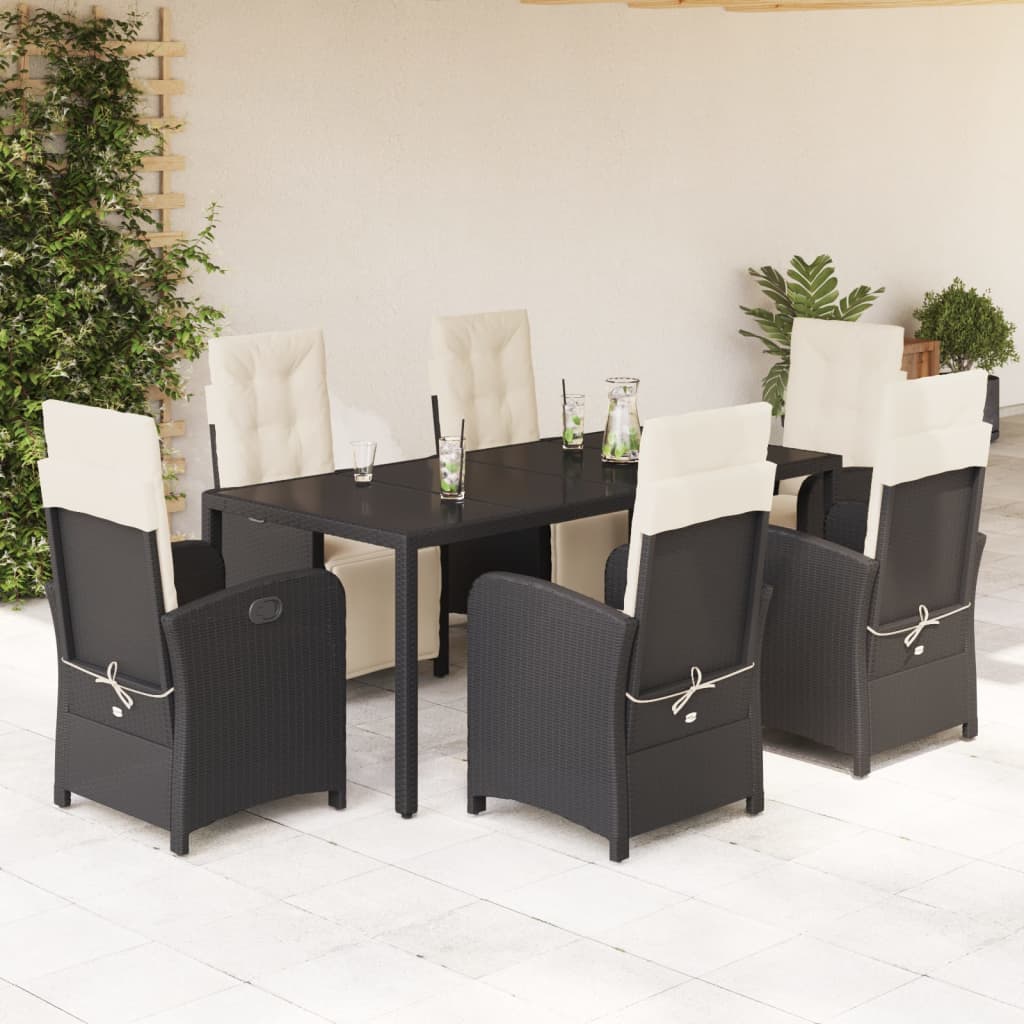 vidaXL 7 Piece Garden Dining Set with Cushions Black Poly Rattan