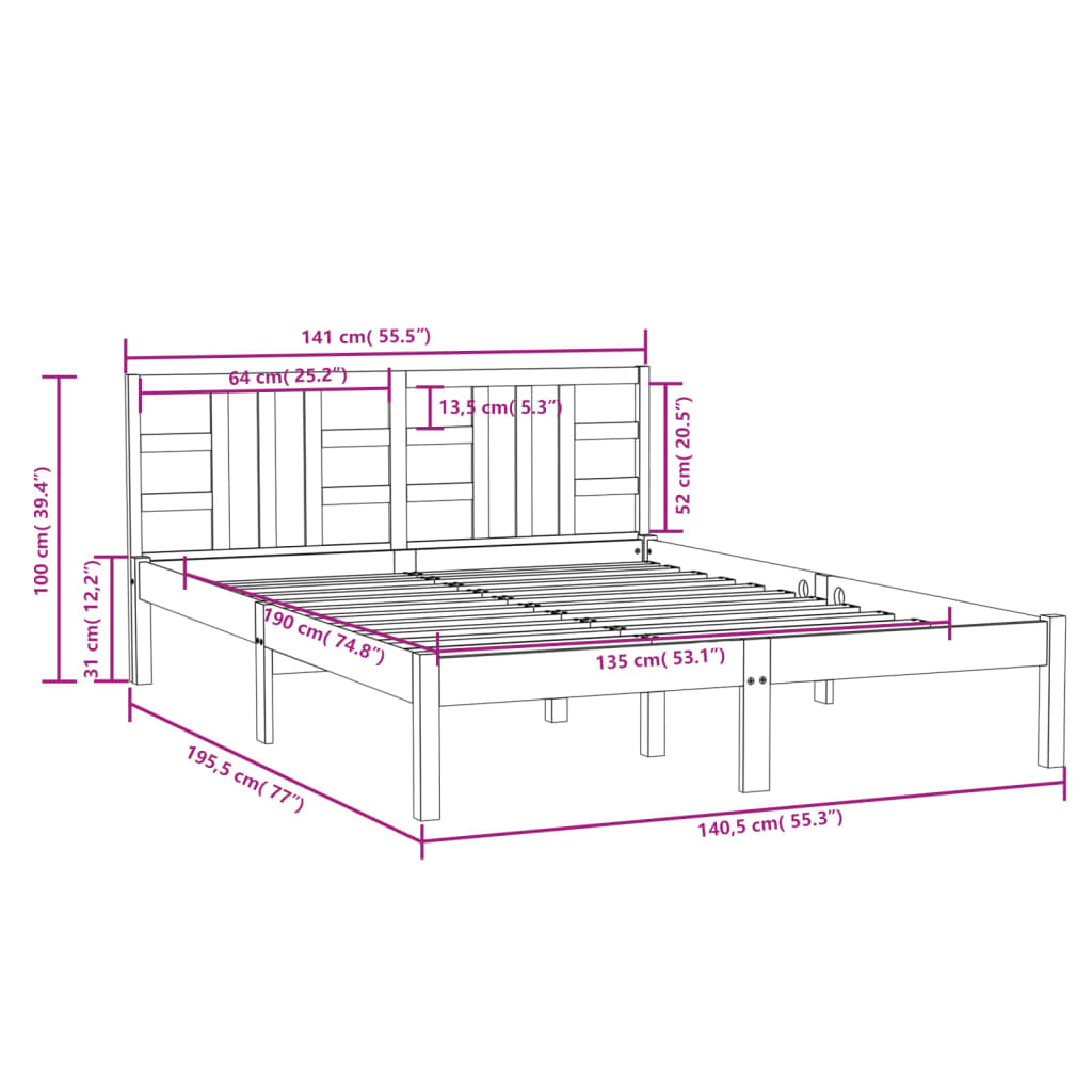 vidaXL Bed Frame without Mattress Black 135x190 cm Double Solid Wood