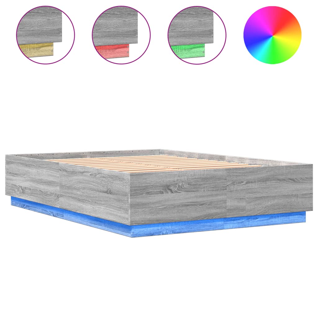 vidaXL Bed Frame with LED Lights Grey Sonoma 140x200 cm Engineered Wood