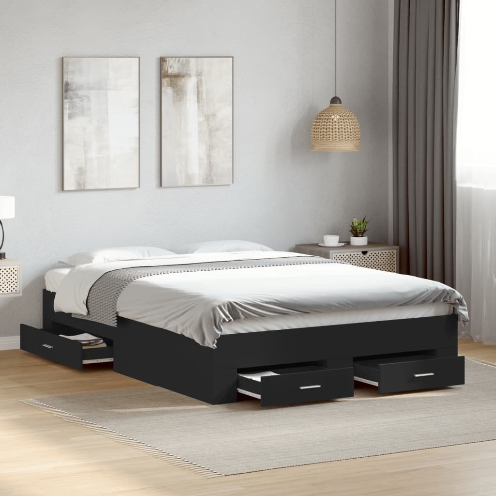 vidaXL Bed Frame with Drawers without Mattress Black 135x190 cm Double