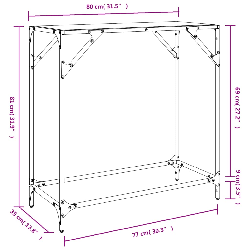 vidaXL Console Table with Black Glass Top 60x35x81 cm Steel