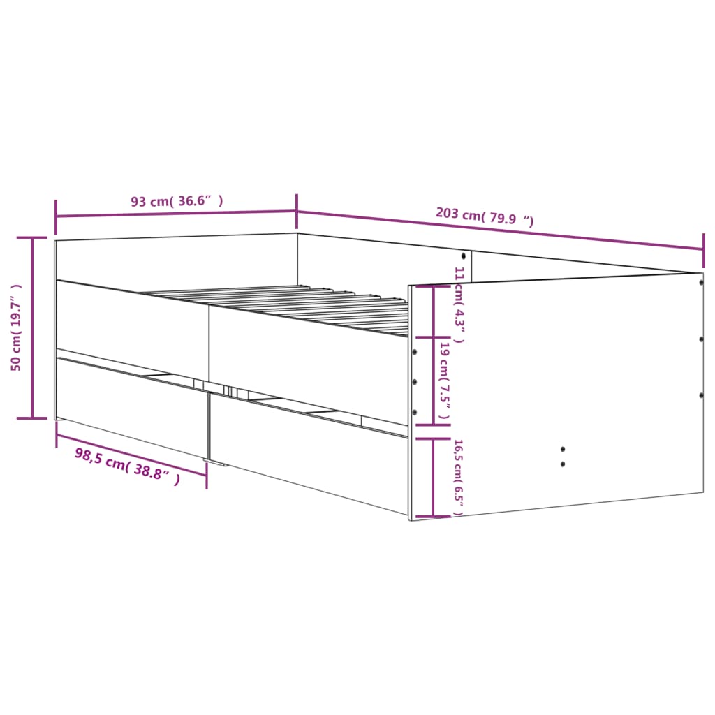 vidaXL Bed Frame with Drawers without Mattress Grey Sonoma 90x200 cm