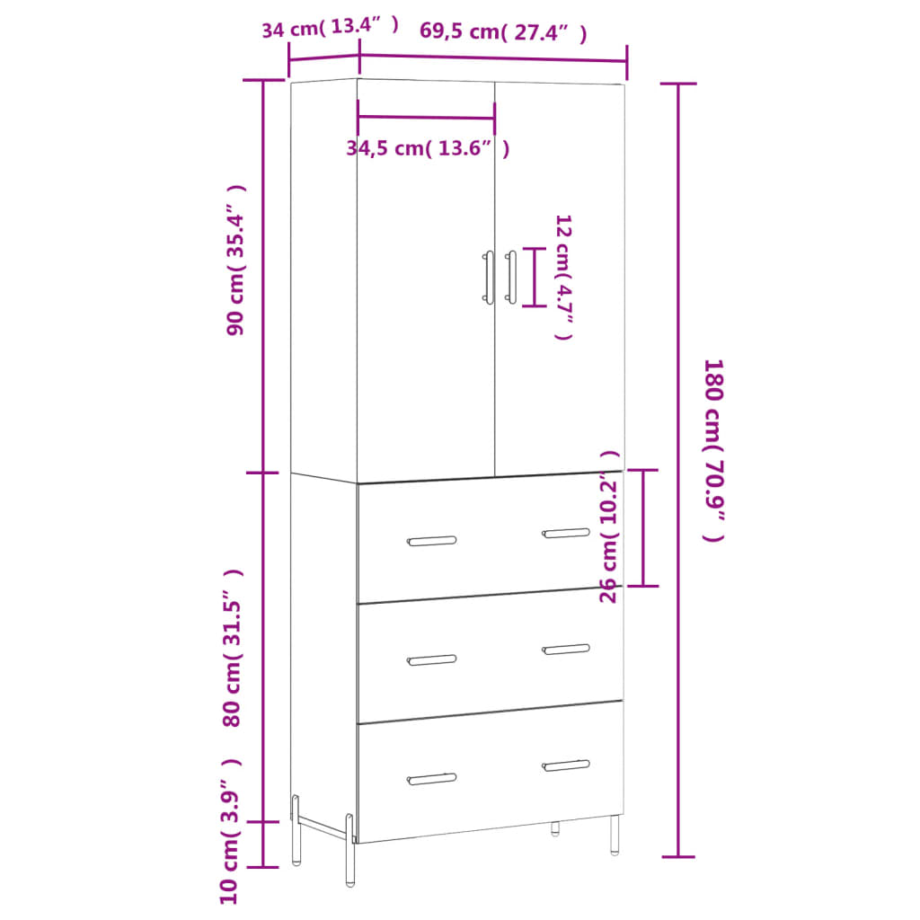 vidaXL Highboard Brown Oak 69.5x34x180 cm Engineered Wood