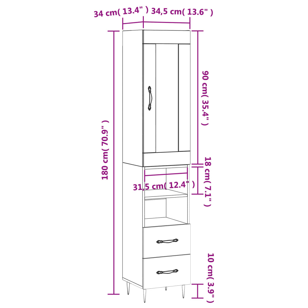 vidaXL Highboard White 34.5x34x180 cm Engineered Wood