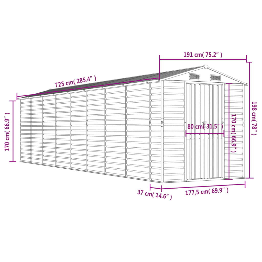 vidaXL Garden Shed Light Grey 191x725x198 cm Galvanised Steel