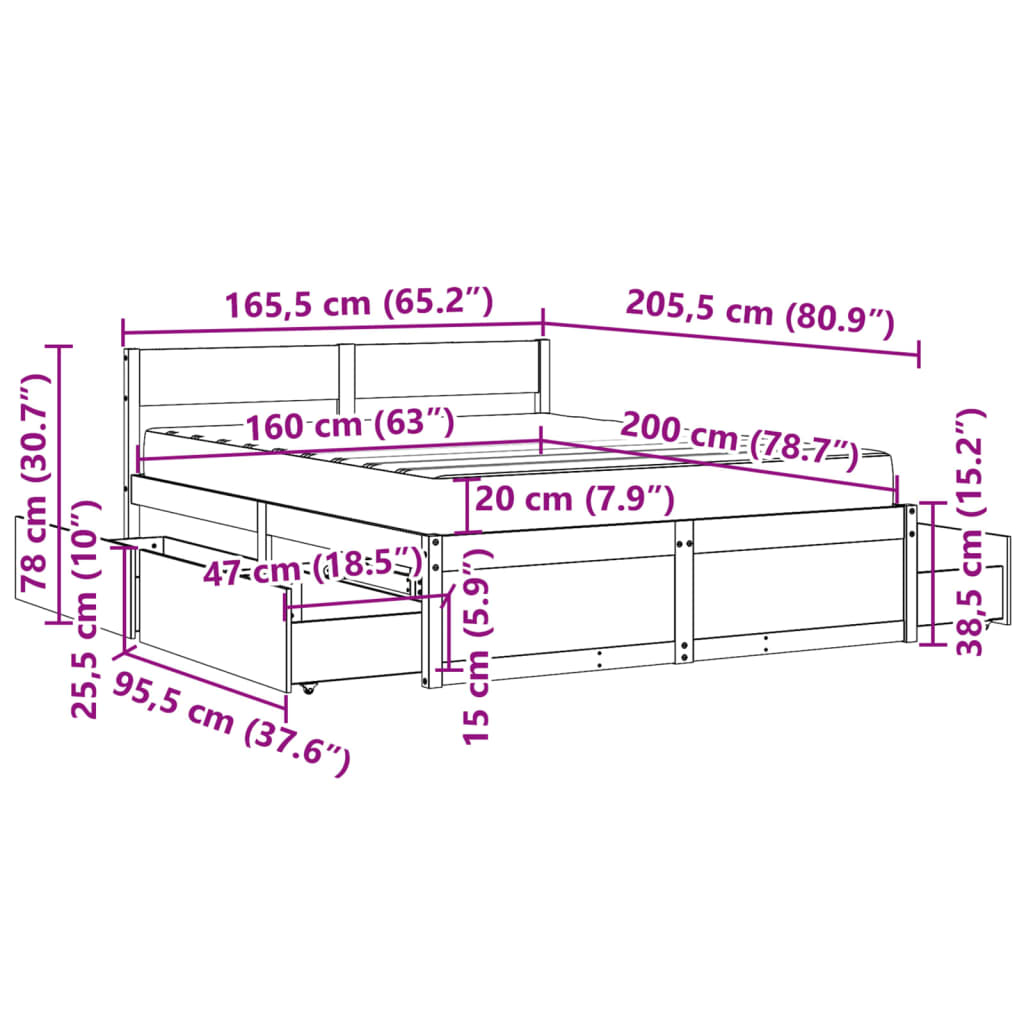 vidaXL Bed with Drawers and Mattress 160x200 cm Solid Wood Pine