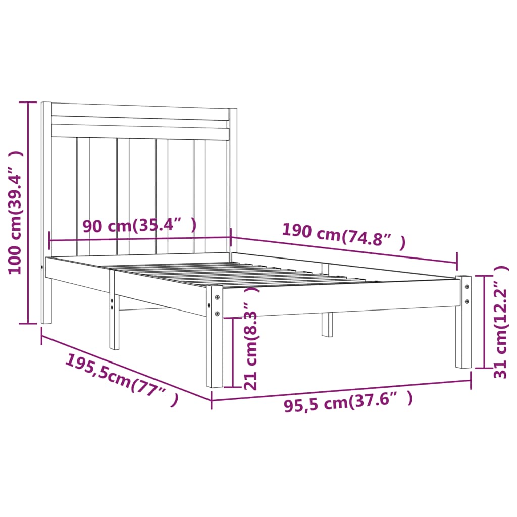 vidaXL Bed Frame without Mattress 90x190 cm Single Solid Wood