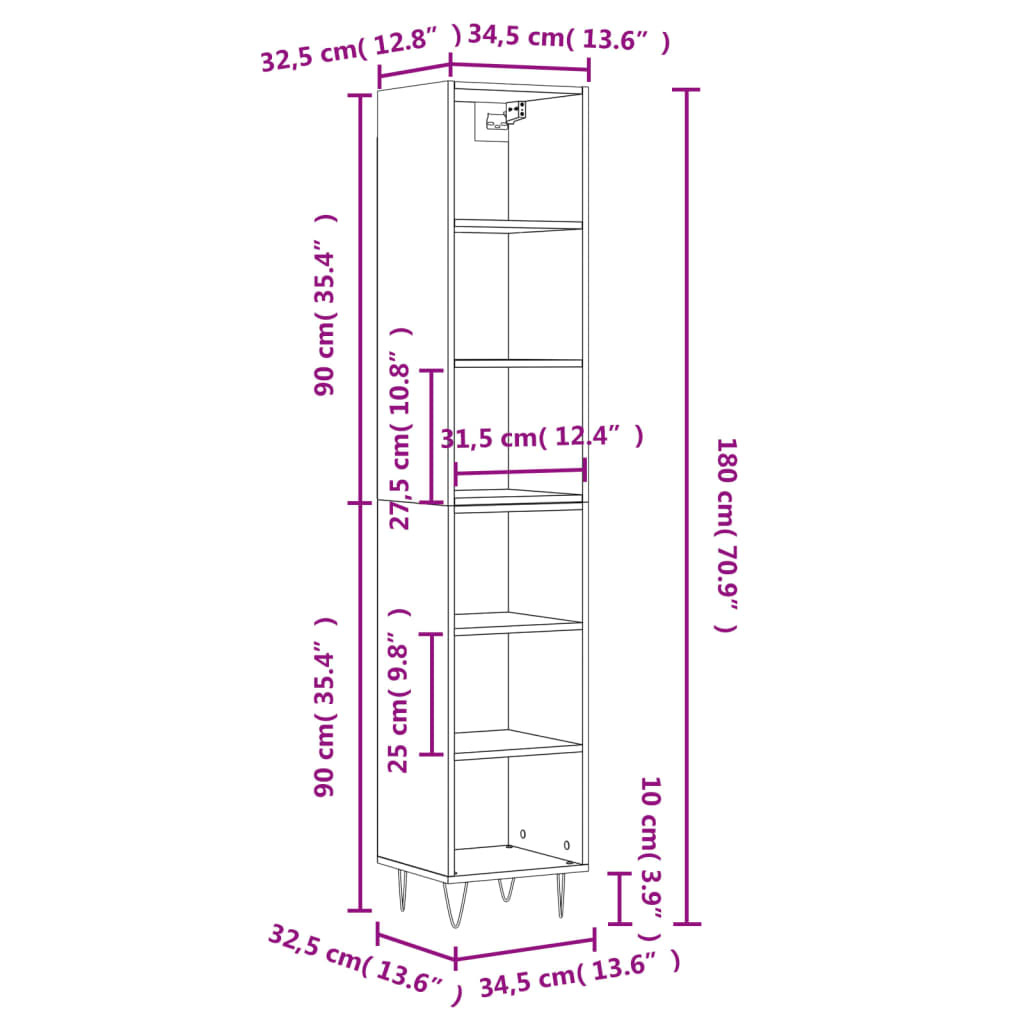 vidaXL Highboard High Gloss White 34.5x32.5x180 cm Engineered Wood