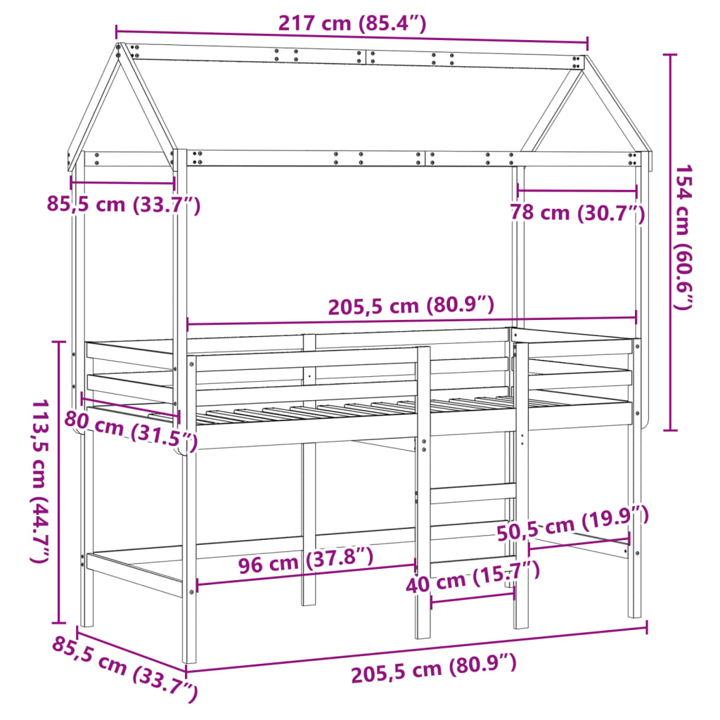 vidaXL Loft Bed with Ladder and Roof without Mattress 80x200 cm