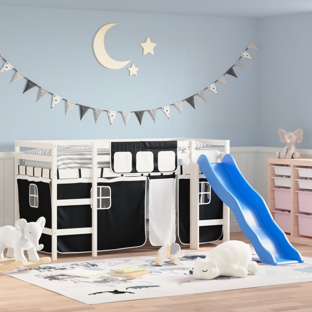 vidaXL Kids' Loft Bed with Curtains without Mattress White&Black 90x200 cm