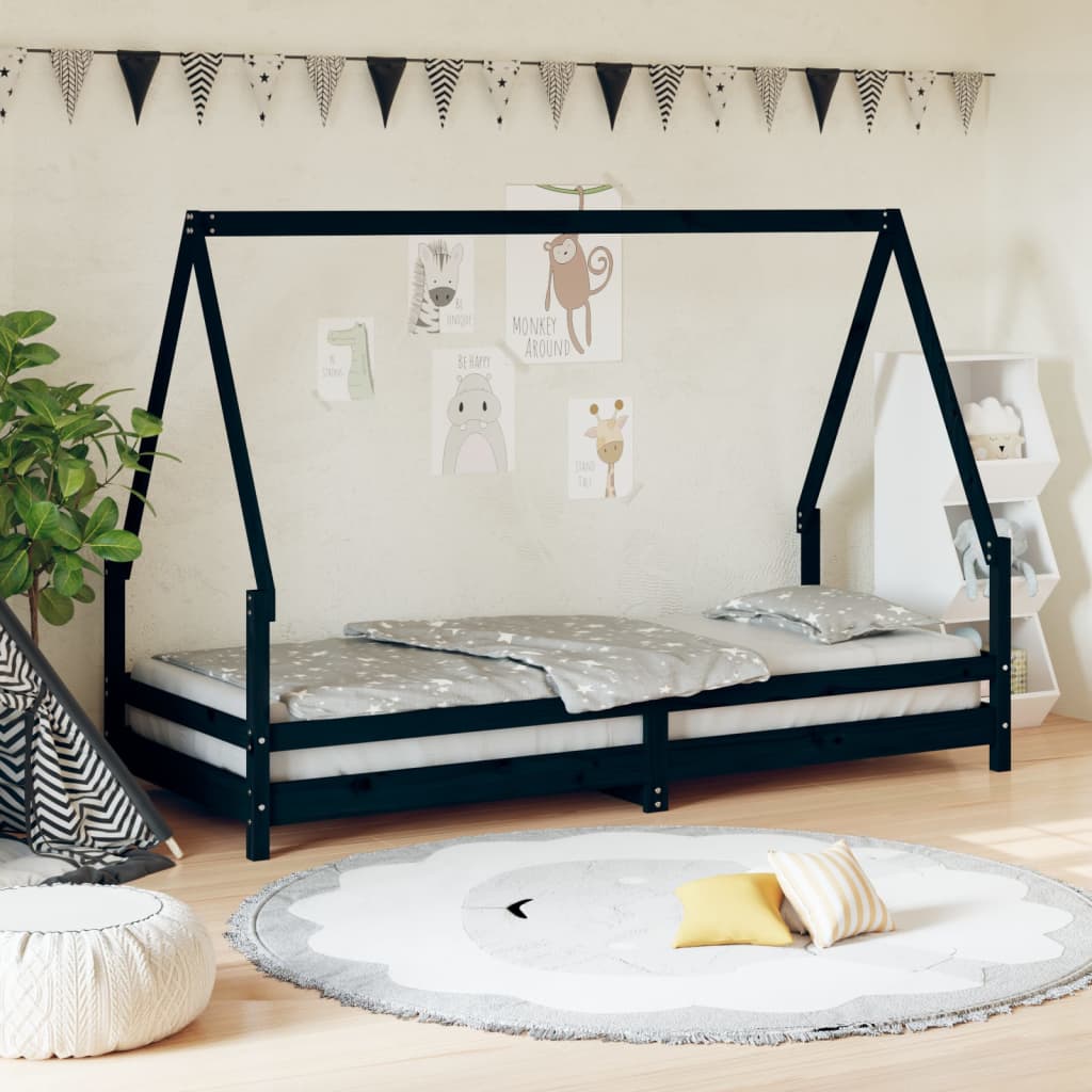 vidaXL Kids Bed Frame Black 90x200 cm Solid Wood Pine